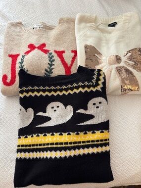 Three Holiday Sweaters- Ghost Fair Isle, JOY, and Sequin Bow